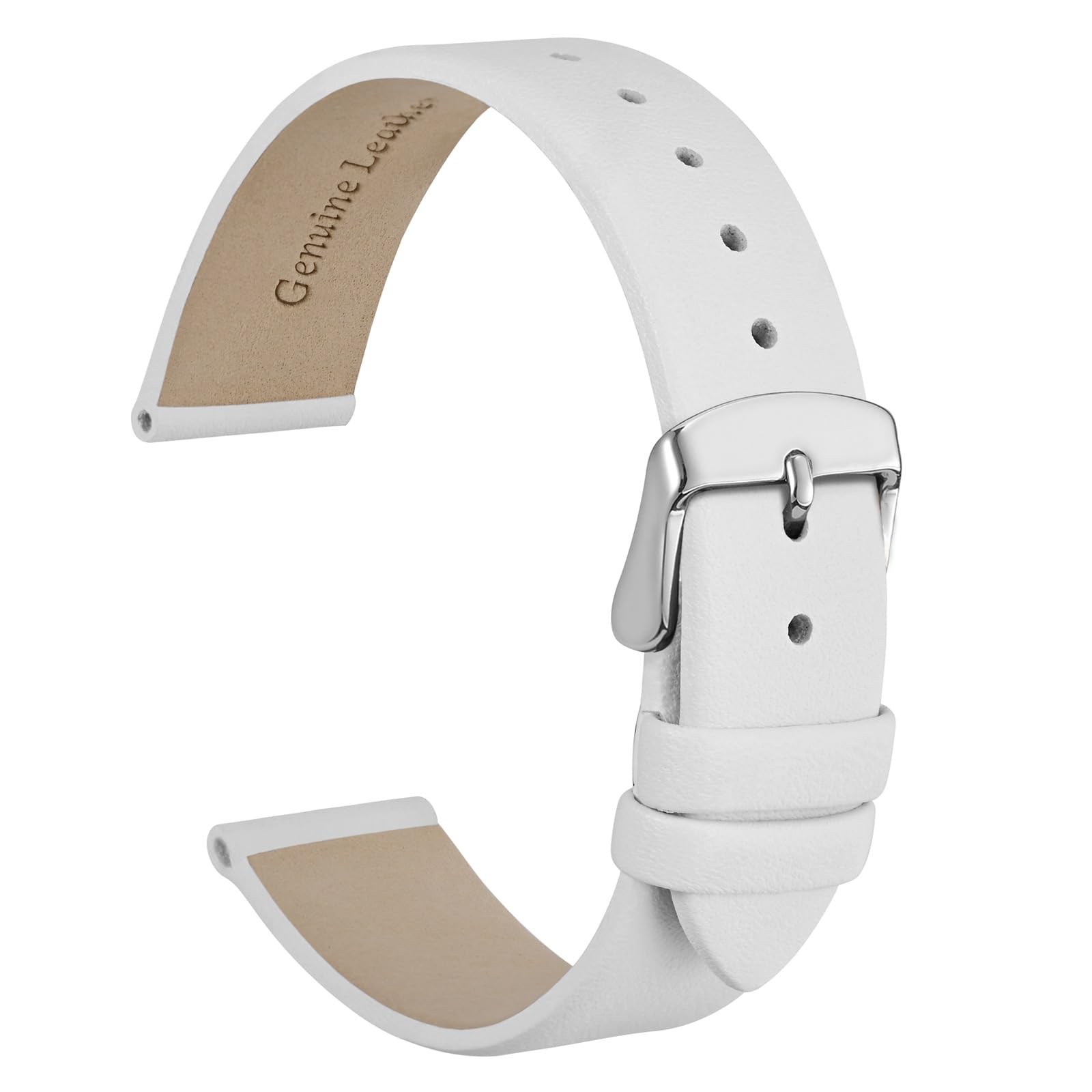 WOCCI 16mm Elegant Genuine Leather Watch Band Replacement Strap with Silver Buckle in White
