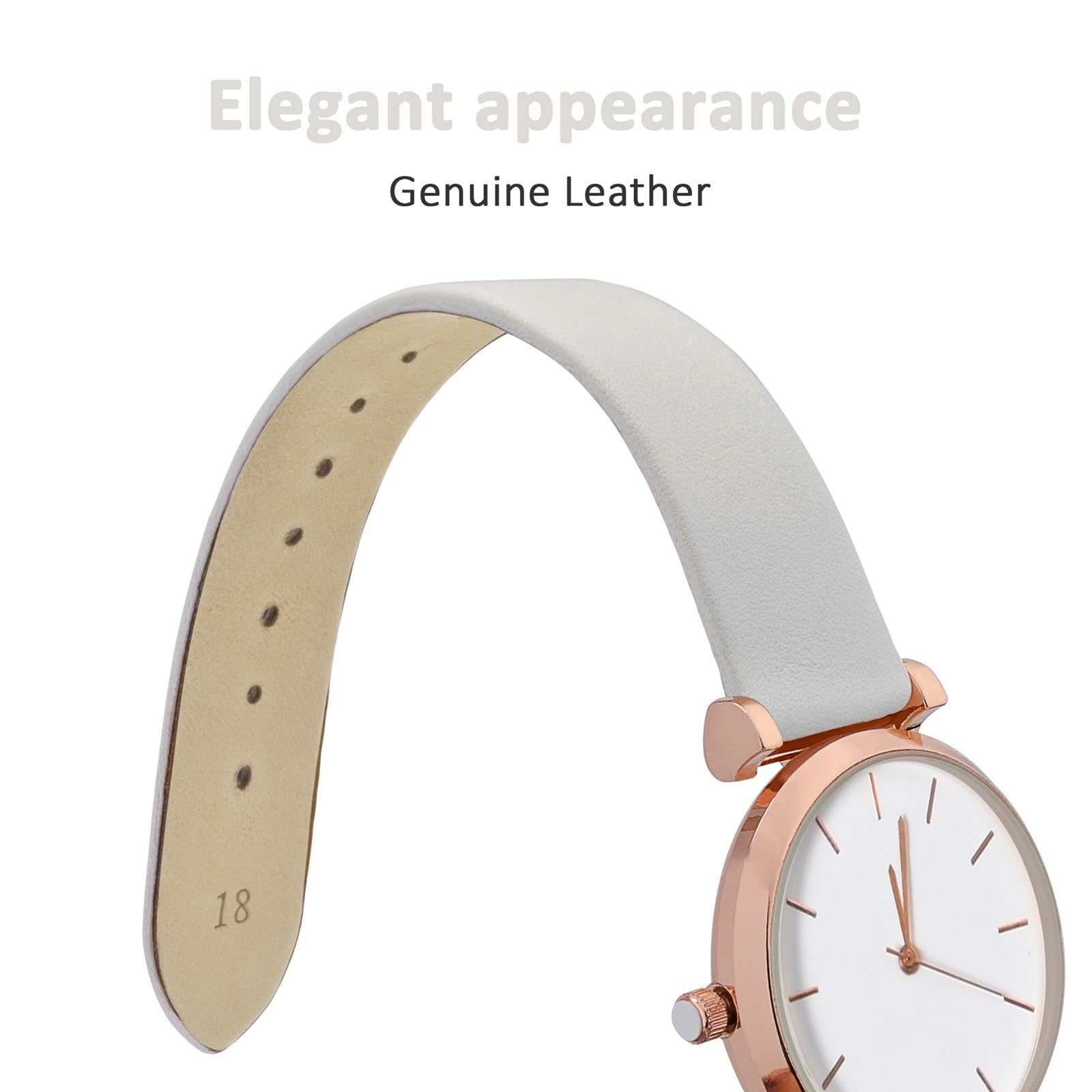 WOCCI 20mm Elegant Genuine Leather Watch Band Replacement Strap with Silver Buckle in White - View 3 of 9