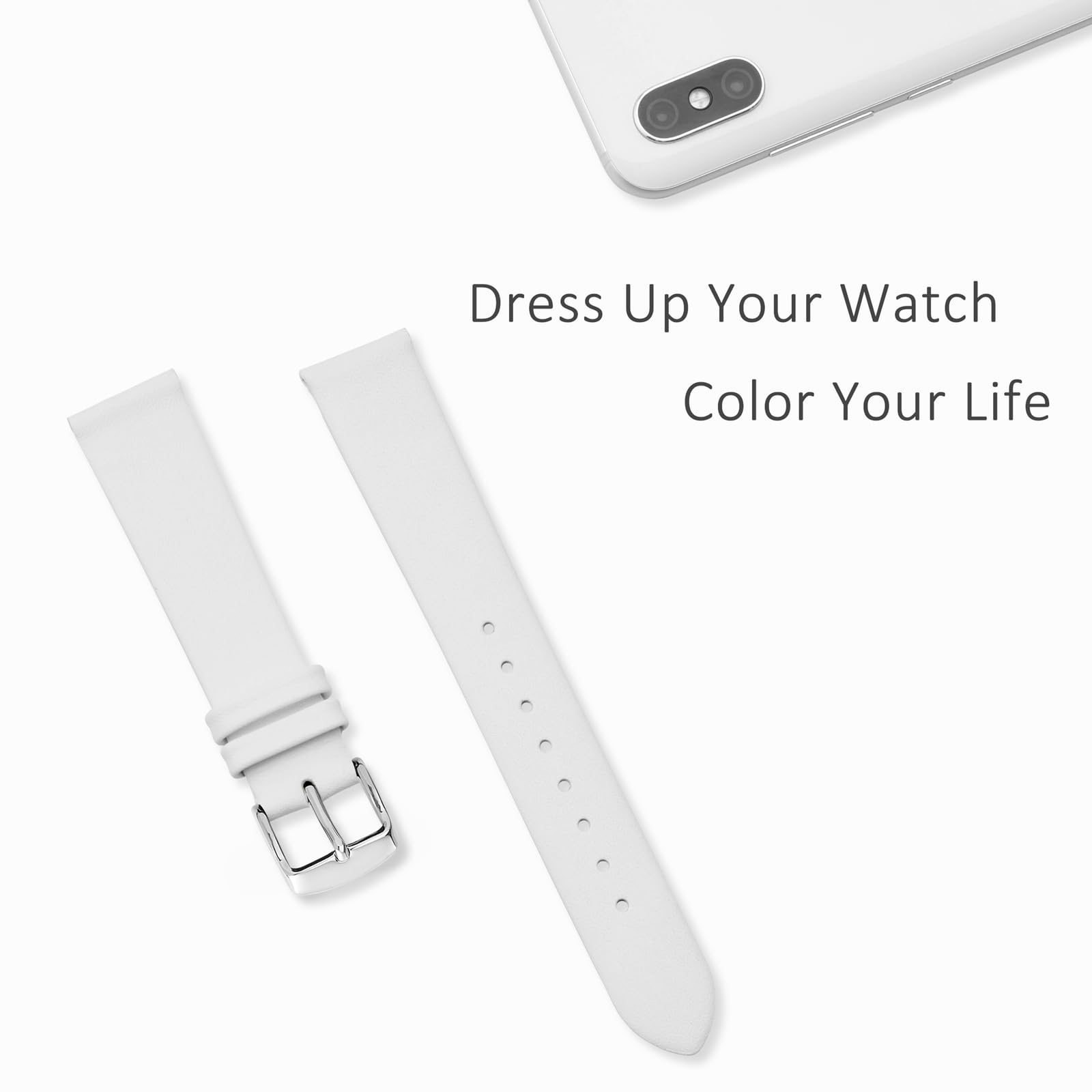 WOCCI 20mm Elegant Genuine Leather Watch Band Replacement Strap with Silver Buckle in White - View 7 of 9
