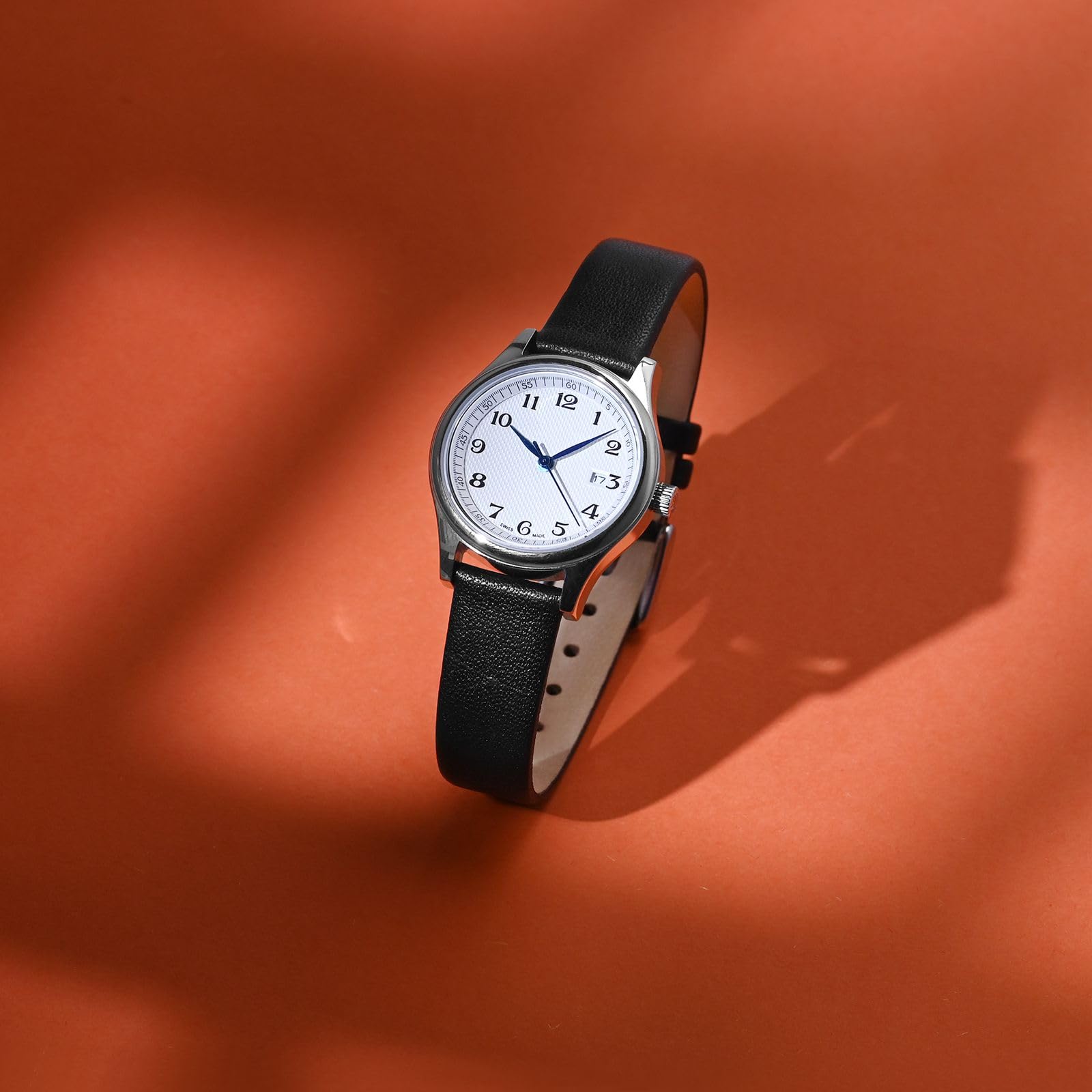 WOCCI 14mm Elegant Genuine Leather Watch Band Replacement Strap with Silver Buckle in Black - View 2 of 9