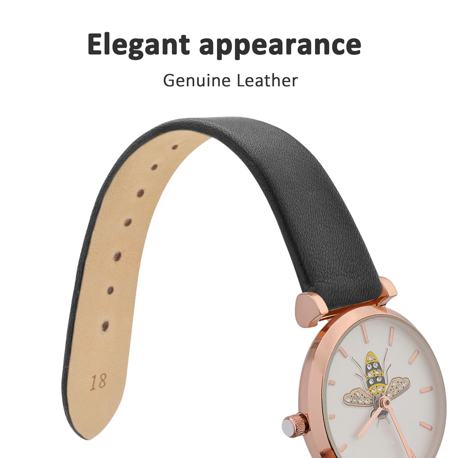 WOCCI 14mm Elegant Genuine Leather Watch Band Replacement Strap with Silver Buckle in Black - View 3 of 9