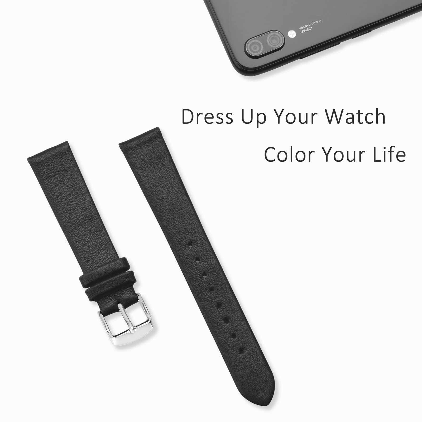 WOCCI 14mm Elegant Genuine Leather Watch Band Replacement Strap with Silver Buckle in Black - View 7 of 9