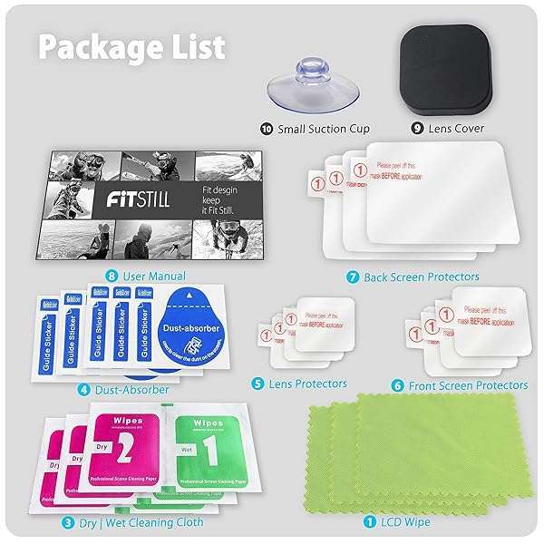 FiTSTILL FiTSTILL 10PCS Screen Protector Kit for GoPro Hero 12/11/10/9 - Ultra Clear Tempered Glass & Lens Cover Accessories - View 9 of 11