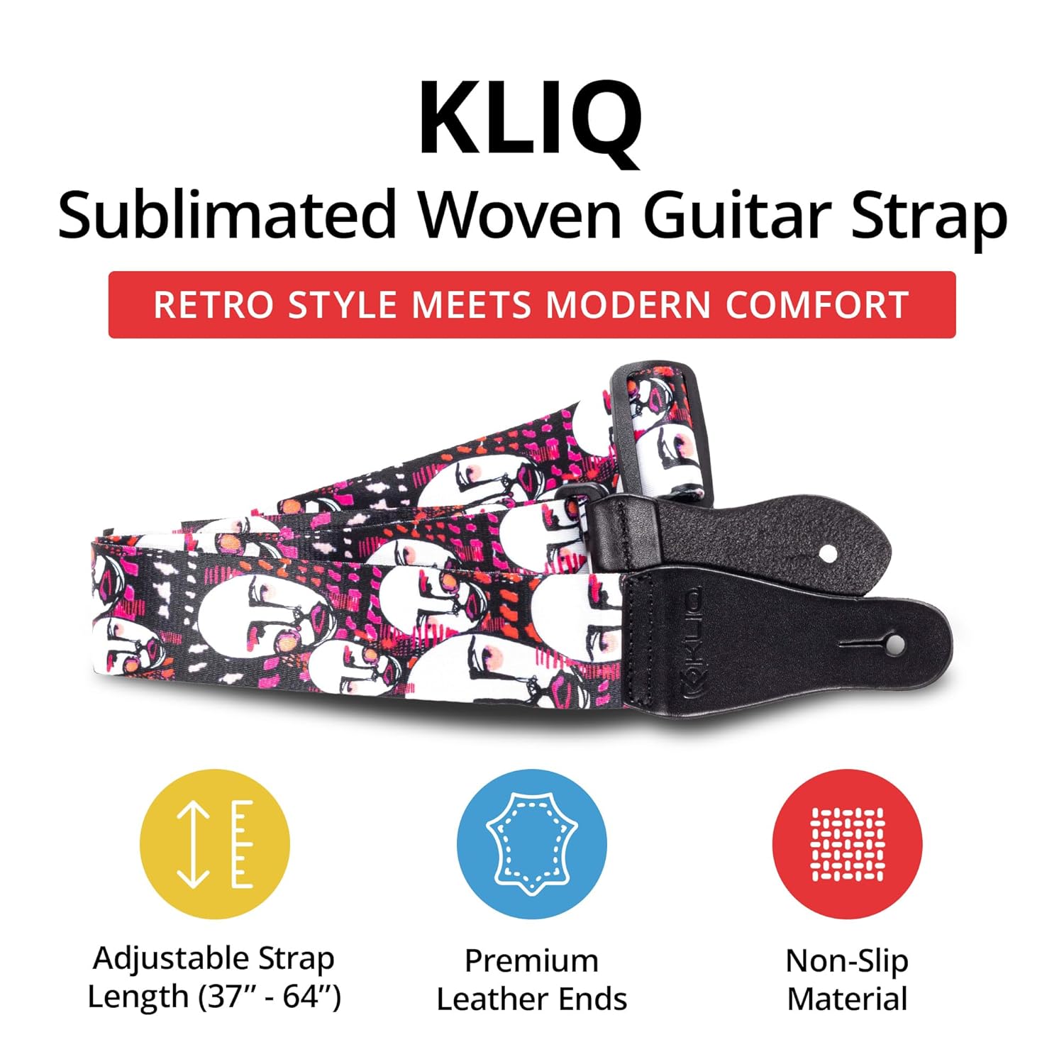 KLIQ Music Gear KLIQ Vintage Woven Guitar Strap for Acoustic and Electric Guitar with 2 Rubber Strap Locks Artist Sublimated Faces - View 2 of 9
