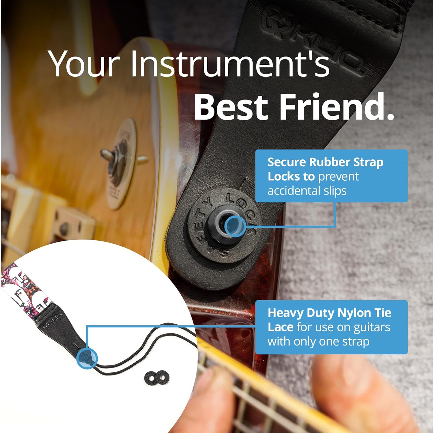 KLIQ Music Gear KLIQ Vintage Woven Guitar Strap for Acoustic and Electric Guitar with 2 Rubber Strap Locks Artist Sublimated Faces - View 5 of 9