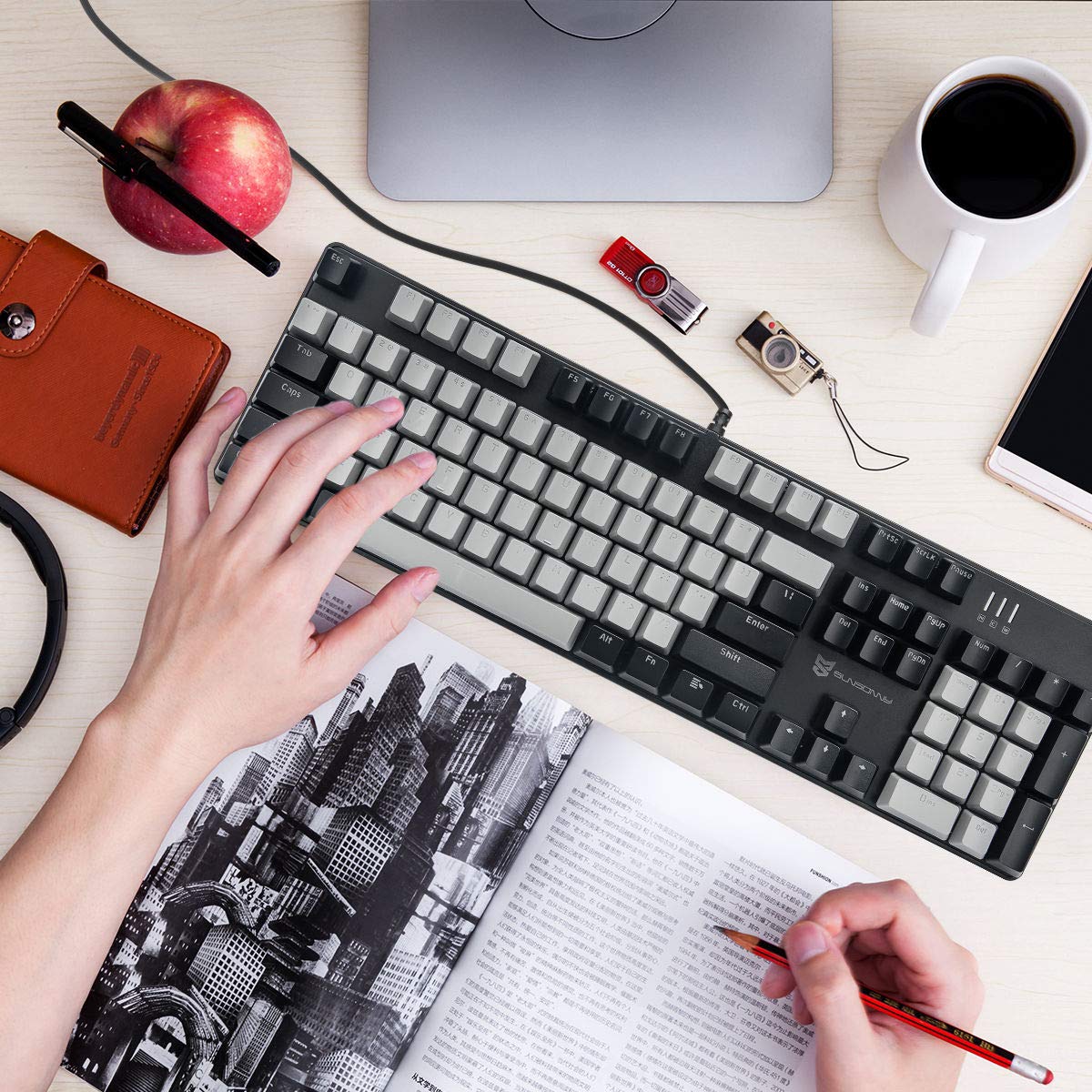 Merdia Mechanical Gaming Keyboard Blue Switch 104 Keys Wired Hot Swappable Silent Black Grey Combo for PC Gaming - View 6 of 7