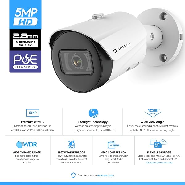 Amcrest Amcrest UltraHD 5MP Outdoor POE Camera 2592 x 1944p Bullet IP Security Camera, Outdoor IP67 Waterproof, 103° Viewing Angle, 2.8mm Lens, 98.4ft Night Vision, 5-Megapixel, IP5M-B1186EW-28MM (White) - View 4 of 11