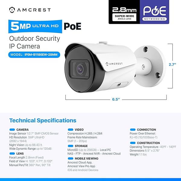 Amcrest Amcrest UltraHD 5MP Outdoor POE Camera 2592 x 1944p Bullet IP Security Camera, Outdoor IP67 Waterproof, 103° Viewing Angle, 2.8mm Lens, 98.4ft Night Vision, 5-Megapixel, IP5M-B1186EW-28MM (White) - View 9 of 11