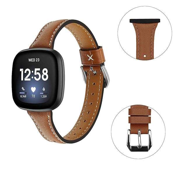 Moolia Stylish Moolia Leather Replacement Band for Fitbit Versa 4/3 & Sense 2 - Slim, Genuine Brown Strap for Women - View 7 of 8