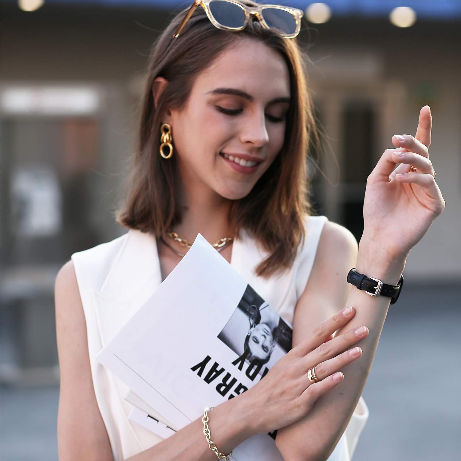 Moolia Moolia Slim Leather Replacement Strap for Fitbit Versa 4 Versa 3 Sense 2 Women Black Genuine Leather Wristband - View 2 of 9