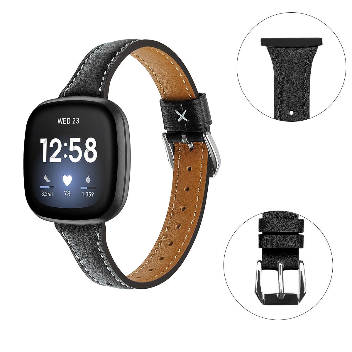 Moolia Moolia Slim Leather Replacement Strap for Fitbit Versa 4 Versa 3 Sense 2 Women Black Genuine Leather Wristband - View 5 of 9