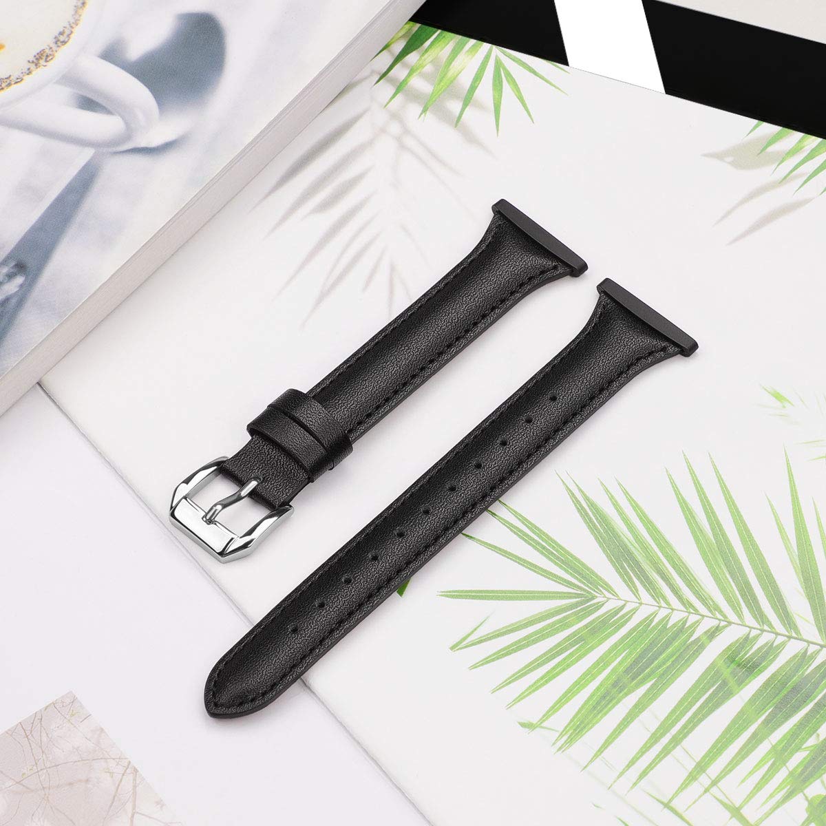 Moolia Moolia Slim Leather Replacement Strap for Fitbit Versa 4 Versa 3 Sense 2 Women Black Genuine Leather Wristband - View 6 of 9