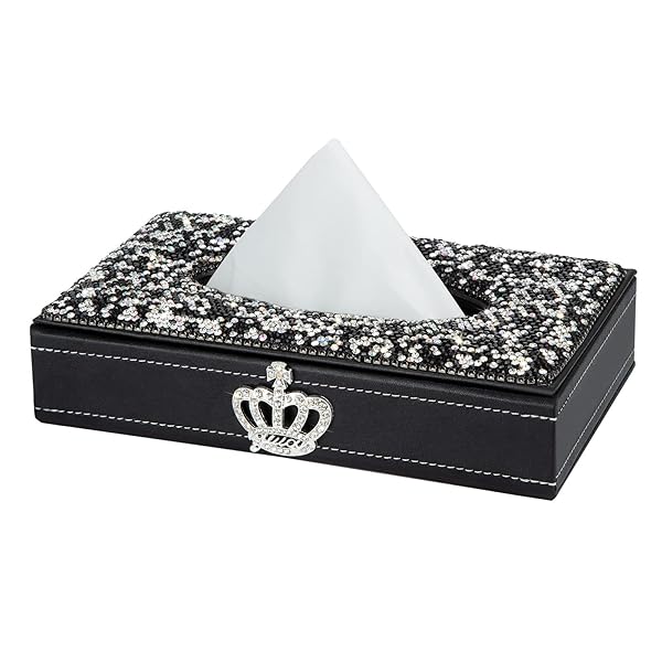eing Elegant Rectangle Tissue Box Cover in Black Leather with Bling Crystal Diamonds - Perfect for Car, Office & Home Decor
