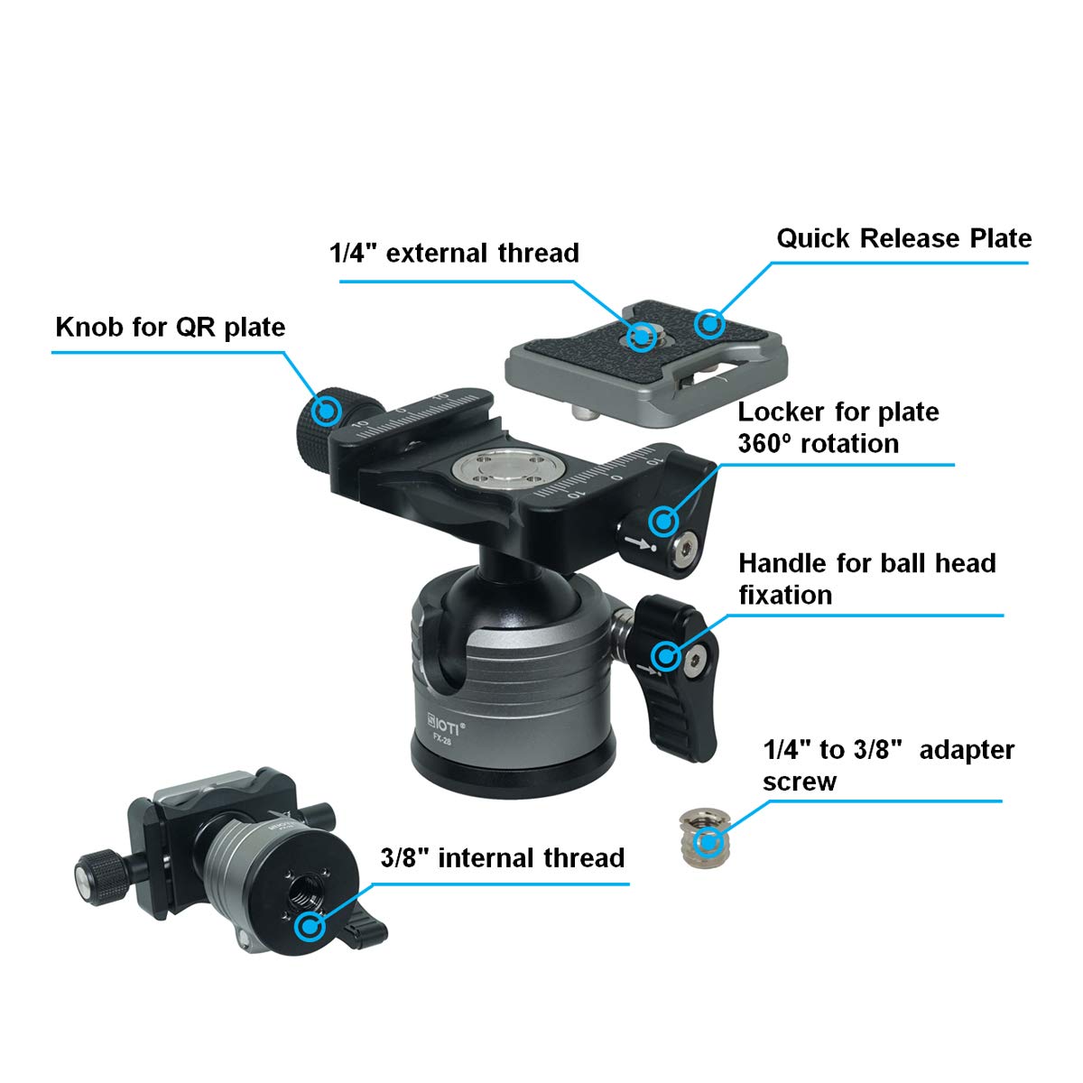 SIOTI SIOTI Ball Head Camera Mount for DSLR Mirrorless Camcorder Telescope Action Camera and Tripod 28mm Ball Head - View 4 of 4