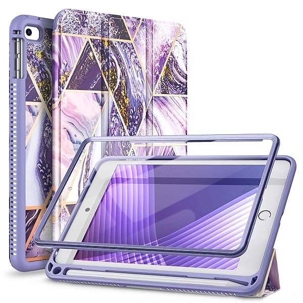 Suritch iPad Mini 4/5 Case with Screen Protector & Pencil Holder - Purple Marble Trifold Stand Cover
