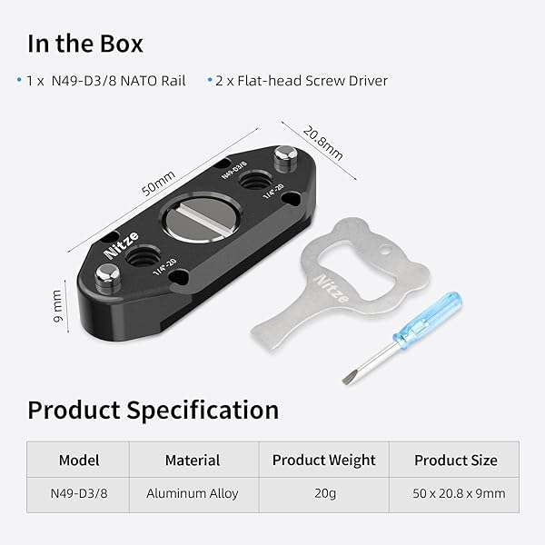 Nitze Nitze NATO Rail with 3/8Â” Screw with Removable ARRI Locating Pins - N49-D3/8 - View 2 of 9