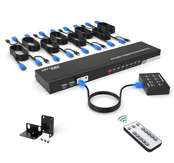 MT-VIKI MT-VIKI 8 Port KVM Switch HDMI 4K@30Hz - Rack Mount with IR Remote & 8 Cables for Easy Control