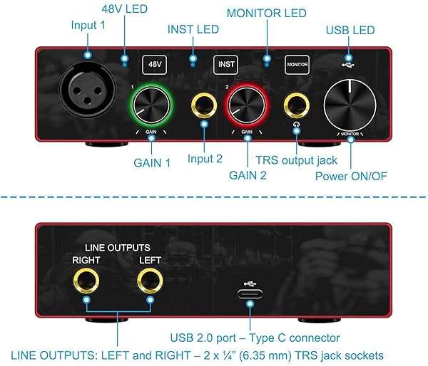 Y.D.F USB Audio Interface with Mic Preamplifier & 48V Phantom Power - Perfect for Recording on Tablets & Computers - View 8 of 9