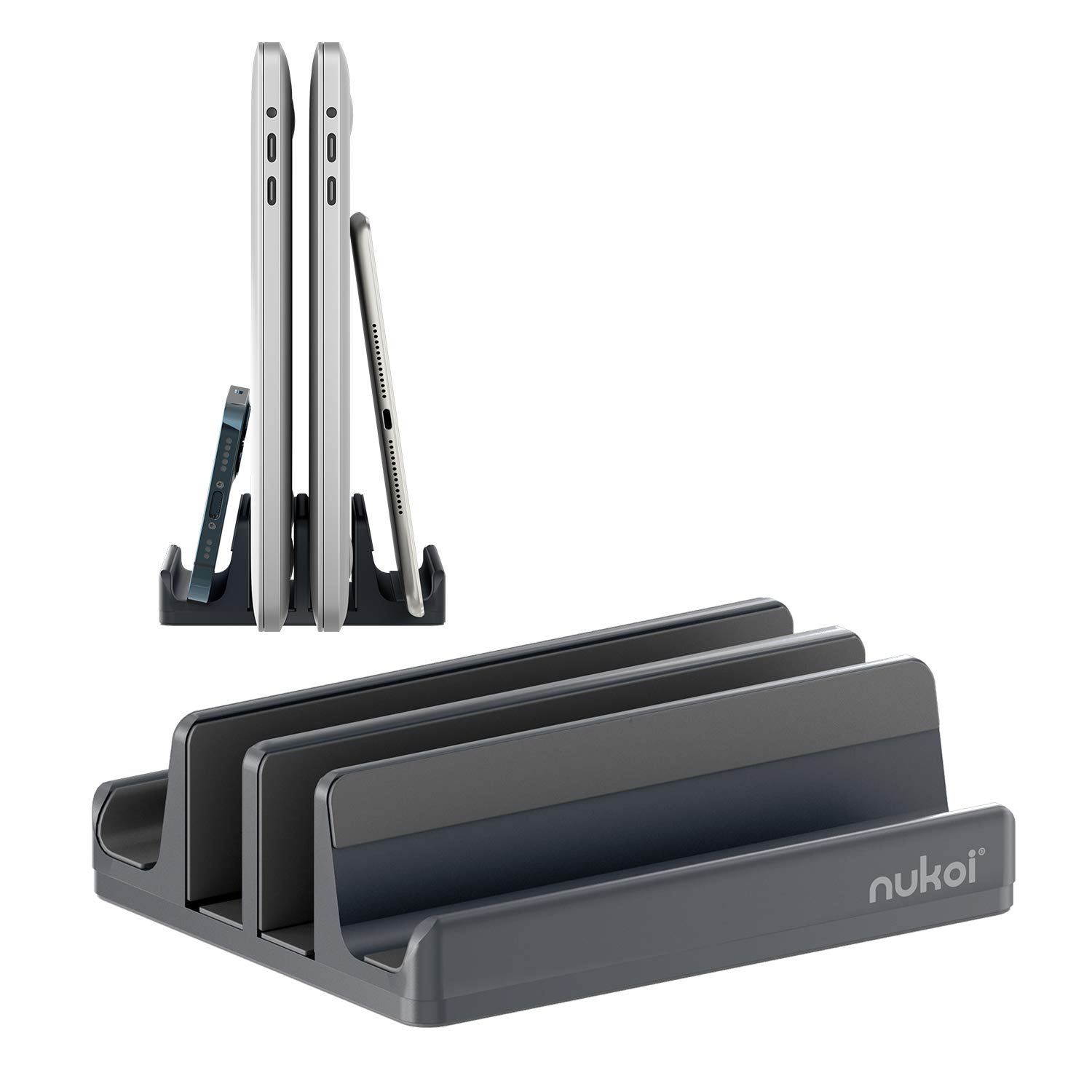 Nukoi Nukoi Vertical Laptop Stand Adjustable Aluminum Holder with Anti-Tip Silicone for Laptops Tablets and Phones Up to 17.3 Inches Gray