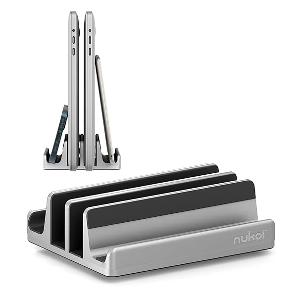Nukoi Nukoi Vertical Laptop Stand - SPACEMax Adjustable GRIPLock Anti-Tip Silicone 4 Slots Aluminum Desktop Holder - Double Dock Stand - 2 Phone Slots Fits Up to 17.3Â” Laptops, Tablets, Phones - Silver