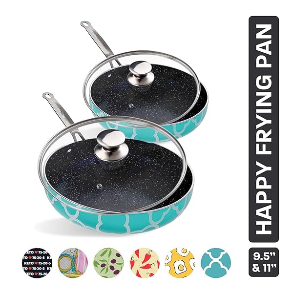 KITCHENLY KITCHENLY Nonstick Frying Pan Set with Lids 9.5 and 11 inch Granite Marble Coating Compatible with Electric Gas Induction Turquoise 2 Pack - View 3 of 8