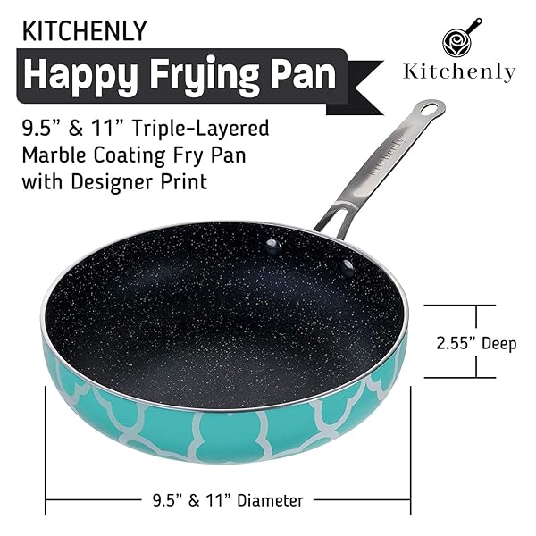 KITCHENLY KITCHENLY Nonstick Frying Pan Set with Lids 9.5 and 11 inch Granite Marble Coating Compatible with Electric Gas Induction Turquoise 2 Pack - View 4 of 8