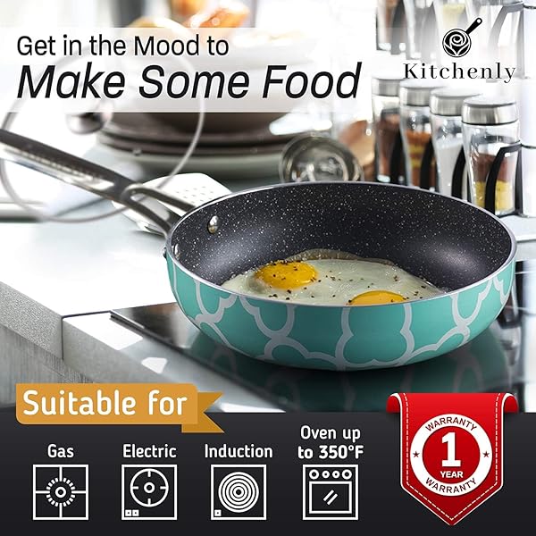 KITCHENLY KITCHENLY Nonstick Frying Pan Set with Lids 9.5 and 11 inch Granite Marble Coating Compatible with Electric Gas Induction Turquoise 2 Pack - View 5 of 8