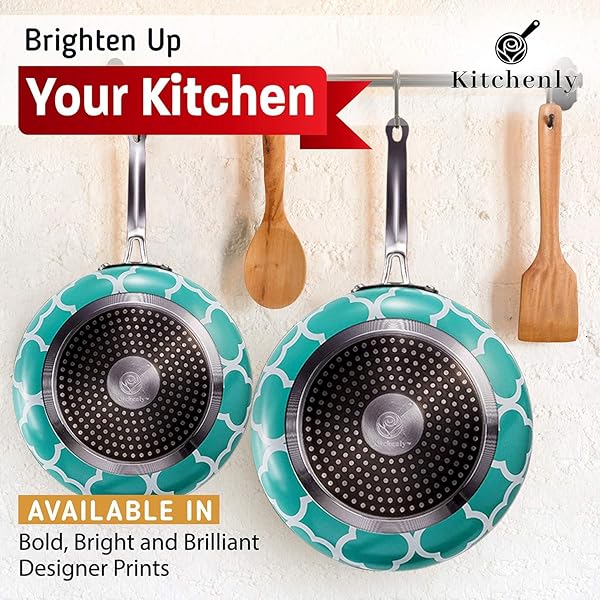 KITCHENLY KITCHENLY Nonstick Frying Pan Set with Lids 9.5 and 11 inch Granite Marble Coating Compatible with Electric Gas Induction Turquoise 2 Pack - View 6 of 8