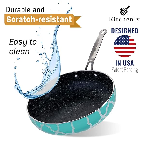 KITCHENLY KITCHENLY Nonstick Frying Pan Set with Lids 9.5 and 11 inch Granite Marble Coating Compatible with Electric Gas Induction Turquoise 2 Pack - View 7 of 8