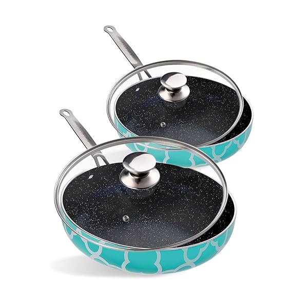 KITCHENLY KITCHENLY Nonstick Frying Pan Set with Lids 9.5 and 11 inch Granite Marble Coating Compatible with Electric Gas Induction Turquoise 2 Pack - View 2 of 8