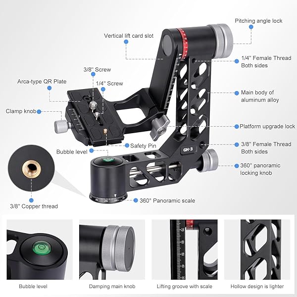 koolehaoda Koolehaoda Gimbal Tripod Head Professional 360° Panoramic Shooting Gimbal Head Heavy Duty CNC Aluminum Alloy with Arca Type Quick Release Plate for DSLR Cameras Up to 55lbs/25kg?GH-3? - View 3 of 9