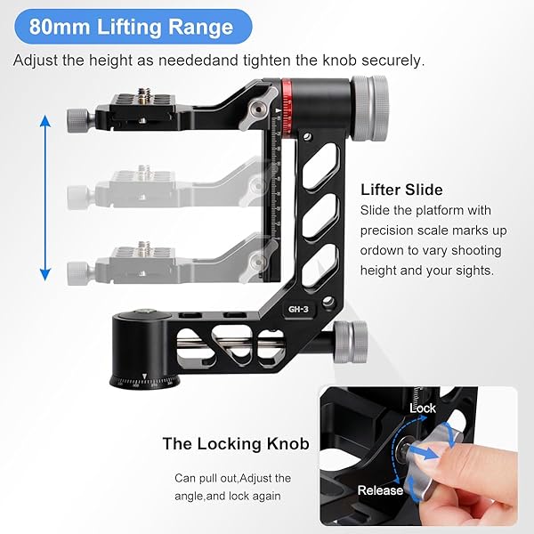 koolehaoda Koolehaoda Gimbal Tripod Head Professional 360° Panoramic Shooting Gimbal Head Heavy Duty CNC Aluminum Alloy with Arca Type Quick Release Plate for DSLR Cameras Up to 55lbs/25kg?GH-3? - View 4 of 9