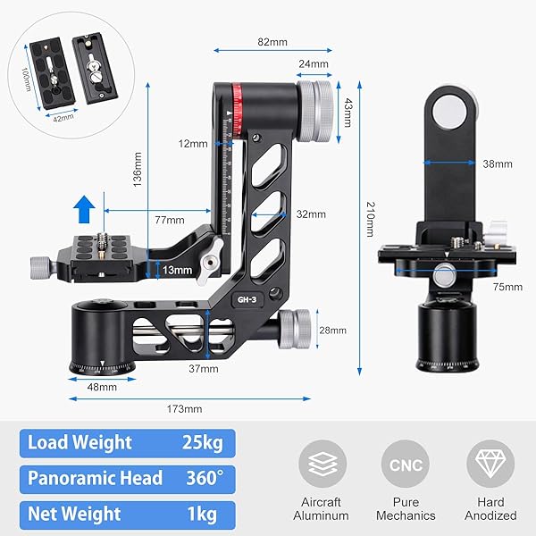 koolehaoda Koolehaoda Gimbal Tripod Head Professional 360° Panoramic Shooting Gimbal Head Heavy Duty CNC Aluminum Alloy with Arca Type Quick Release Plate for DSLR Cameras Up to 55lbs/25kg?GH-3? - View 6 of 9