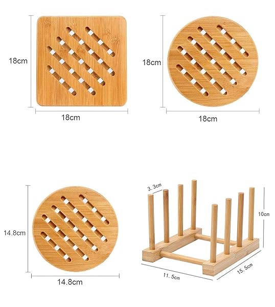 CHUNHUI Bamboo Trivet Kitchen Set Heat Resistant Non-Slip Pads for Hot Dishes Pots Bowls Teapots Pans Square Round 2x14.8CM 4x18CM with Rack - View 3 of 8