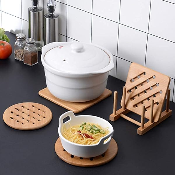 CHUNHUI Bamboo Trivet Kitchen Set Heat Resistant Non-Slip Pads for Hot Dishes Pots Bowls Teapots Pans Square Round 2x14.8CM 4x18CM with Rack - View 8 of 8