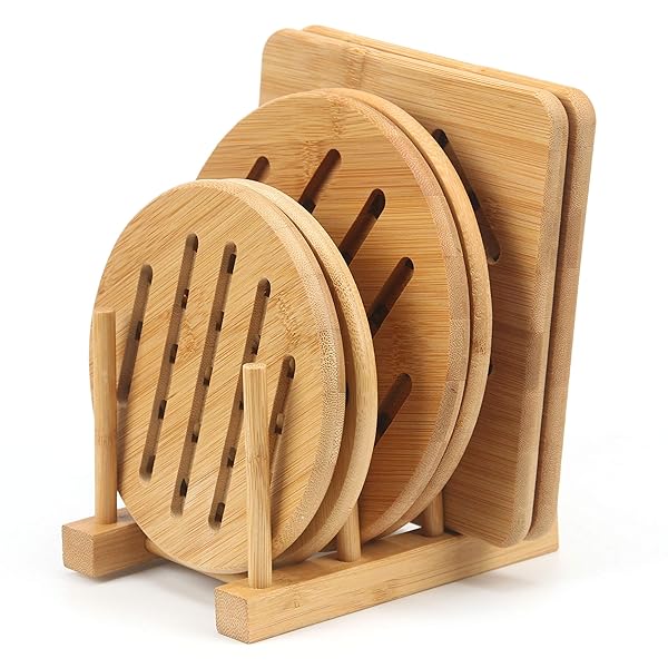 CHUNHUI Bamboo Trivet Kitchen Set Heat Resistant Non-Slip Pads for Hot Dishes Pots Bowls Teapots Pans Square Round 2x14.8CM 4x18CM with Rack - View 2 of 8