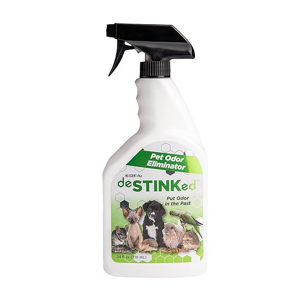 No Scent Pro deSTINKed deSTINKed Pet Odor Eliminator Spray and Play Triple Action Formula Safe for Fabrics Upholstery Carpets and Fur 24oz Made in USA