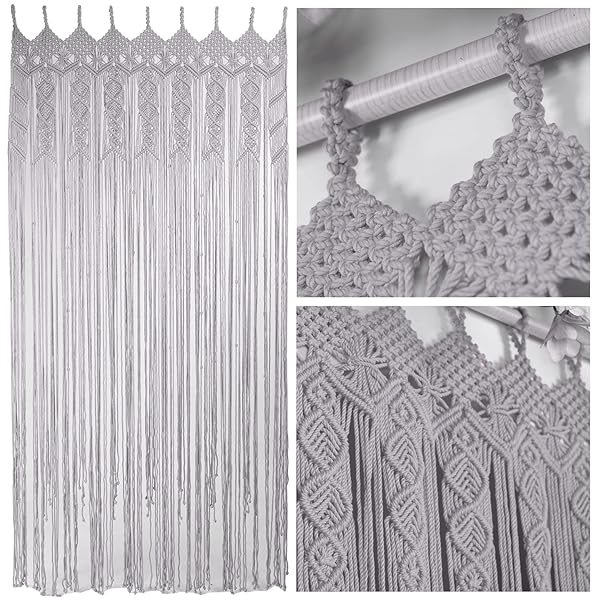 ECO FRIENDLY HOMEWARE VNCK Eco Friendly Macrame Curtains Beaded Doorway Decor Boho Wall Hanging Grey 77x35 Inches