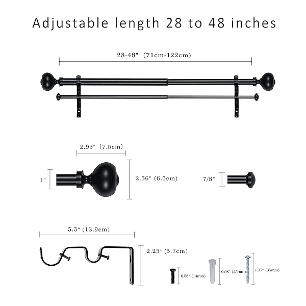 eTeckram eTeckram Double Curtain Rod with Urm Finials 28 to 48 Inches Black Adjustable Home Decor - View 4 of 7