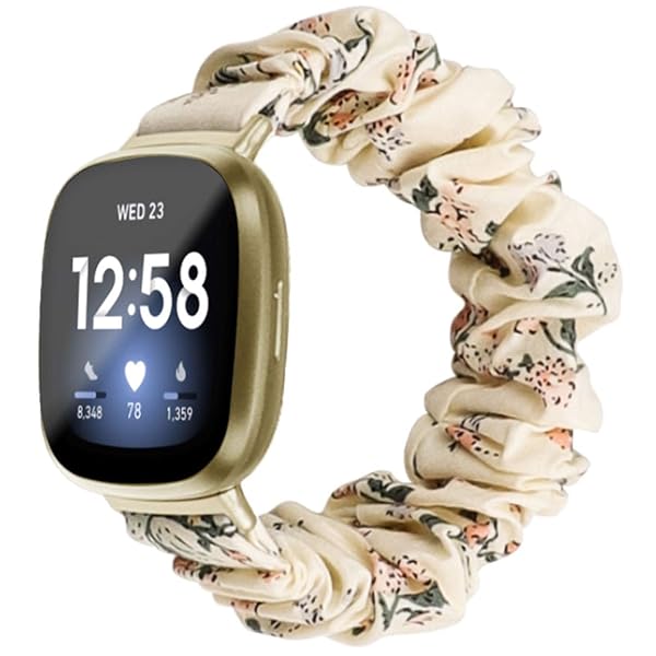 Stylish Scrunchie Elastic Watch Band for Fitbit Sense/Versa 3 - Soft Fabric Bracelet for Women & Girls (Beige Honeysuckle, Small)