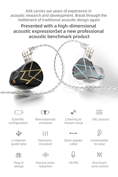 erjigo KZ ASX in-Ear Monitors, 10 Balanced Armatures Units per Side Customized HiFi IEM Wired Earphones/Earbuds/Headphones with Detachable Cable 2Pin for Musician Audiophile (without Mic, Black) - View 5 of 11