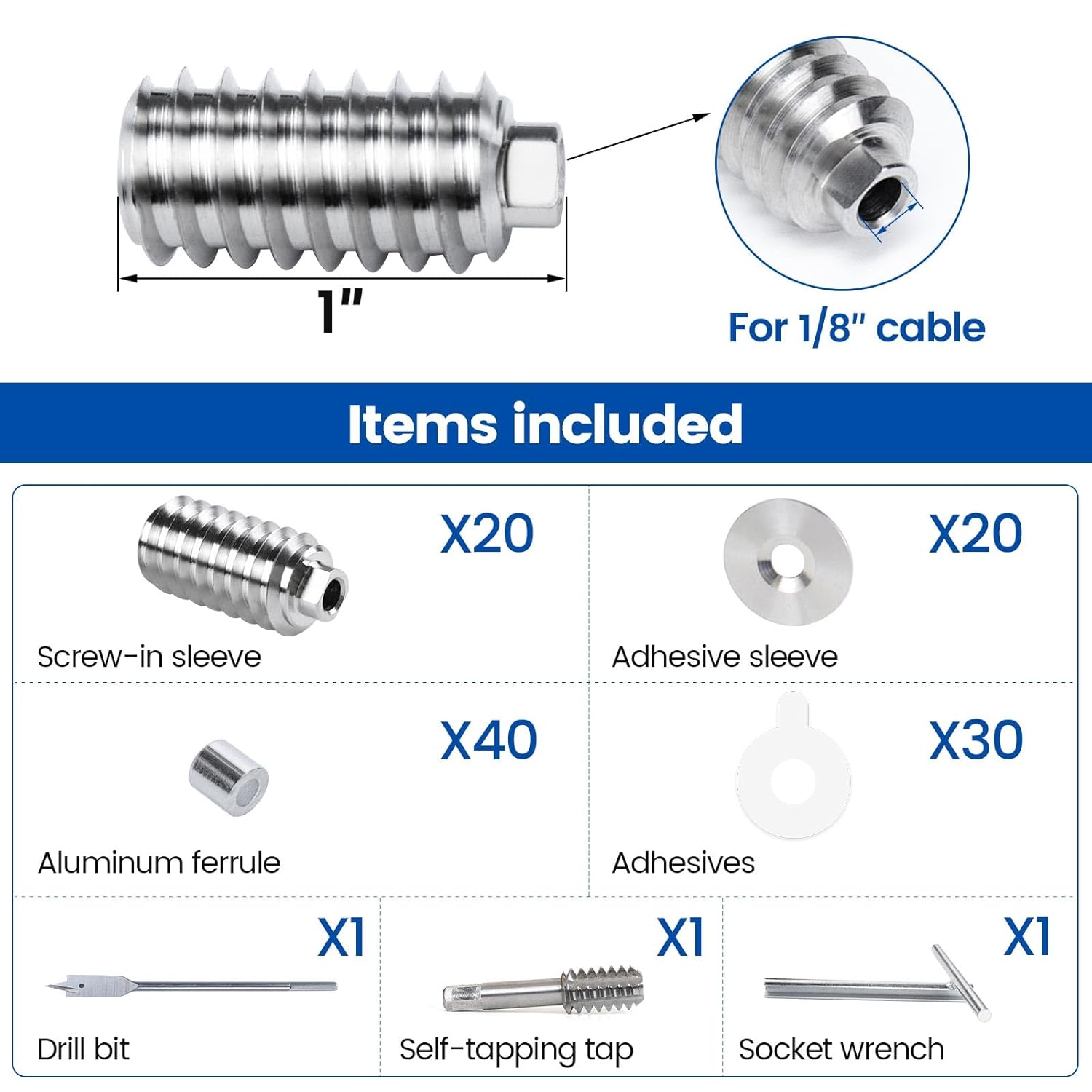Muzata Muzata 20 Pack Invisible Cable Railing Kit for Wood Posts T316 Stainless Steel Deck System with Swage Lag Screws 10 Pairs CR73 - View 2 of 7
