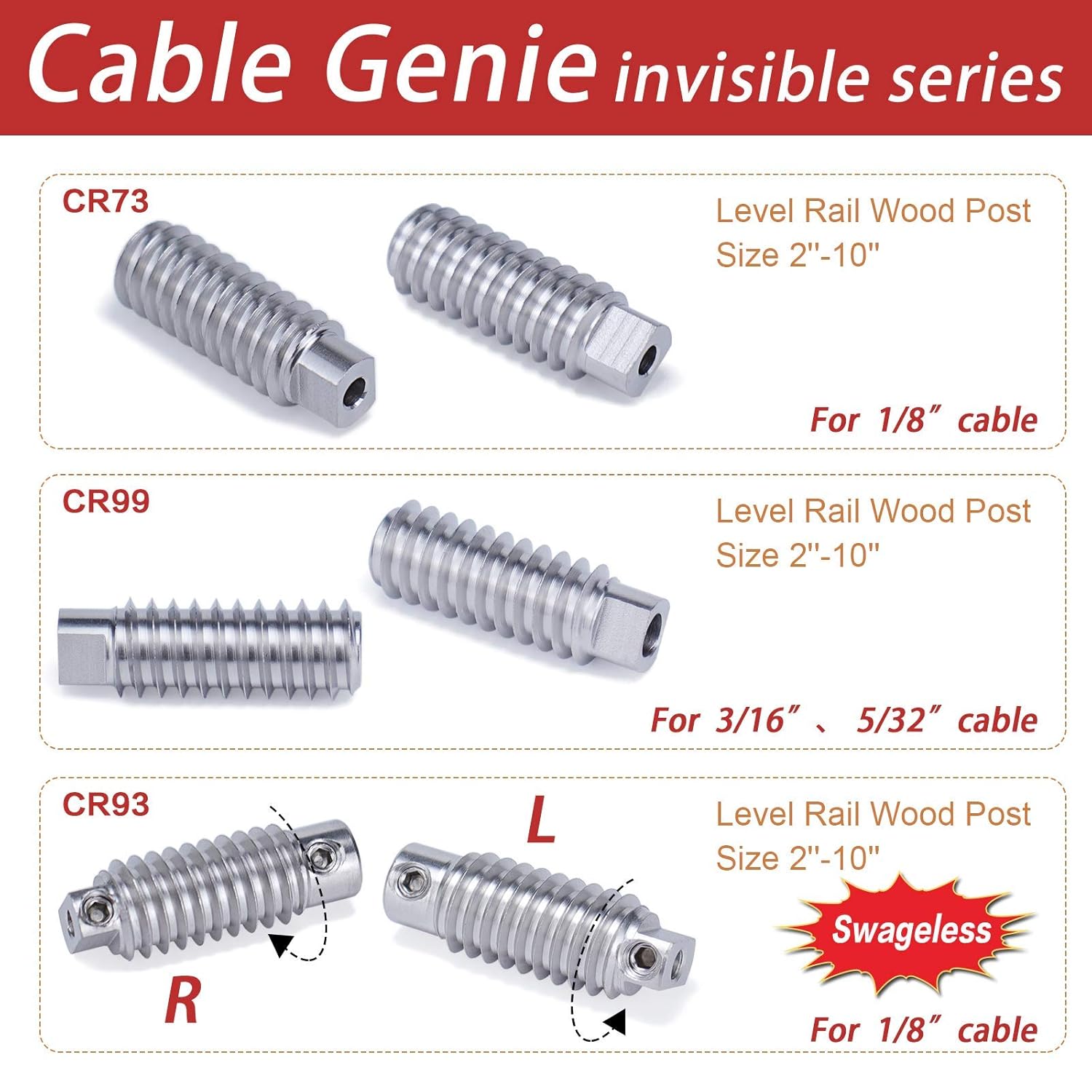 Muzata Muzata 20 Pack Invisible Cable Railing Kit for Wood Posts T316 Stainless Steel Deck System with Swage Lag Screws 10 Pairs CR73 - View 7 of 7