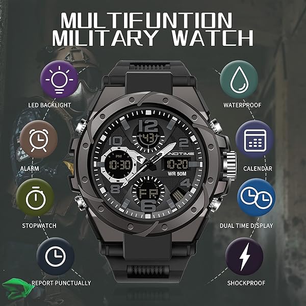 findtime FindTime Military Watches for Men: Tactical, Waterproof, & Stylish Sports Watches in Black, Green, Gold, Silver, Blue & Purple - View 7 of 7