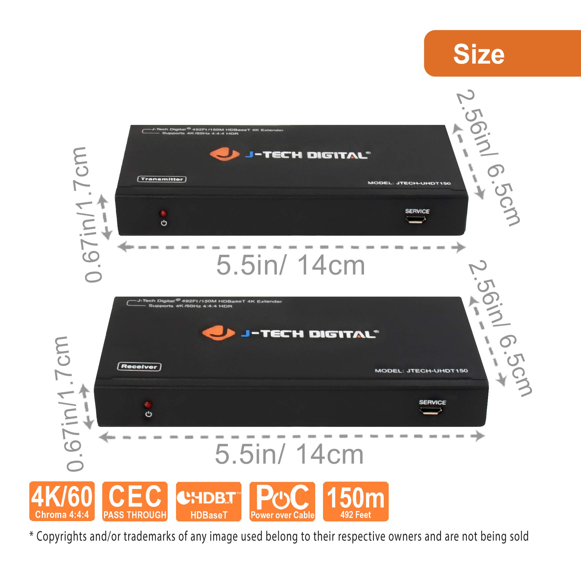 J-Tech Digital Long Range HDMI Extender Over Cat6 150m 4K60Hz 18Gbps Bi-Directional IR Supports Dolby Digital DTS EDID CEC RS-232 Passthrough - View 2 of 6
