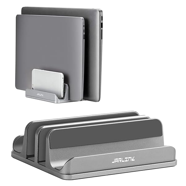 JARLINK JARLINK 4-in-1 Adjustable Vertical Laptop Stand Holder, Aluminum Dual Slots Laptop Rack for Desk, Space-Saving Organizer for All MacBook, Surface, Chromebook, and Gaming Laptops (Grey)