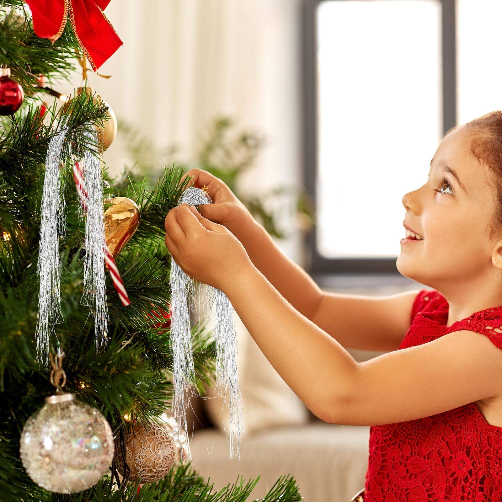 5000 Strands Icicles Tinsel Christmas Tree Foil Fringe Strands Silver Winter Home Decorations for Holiday Party Birthday Wedding - View 6 of 7