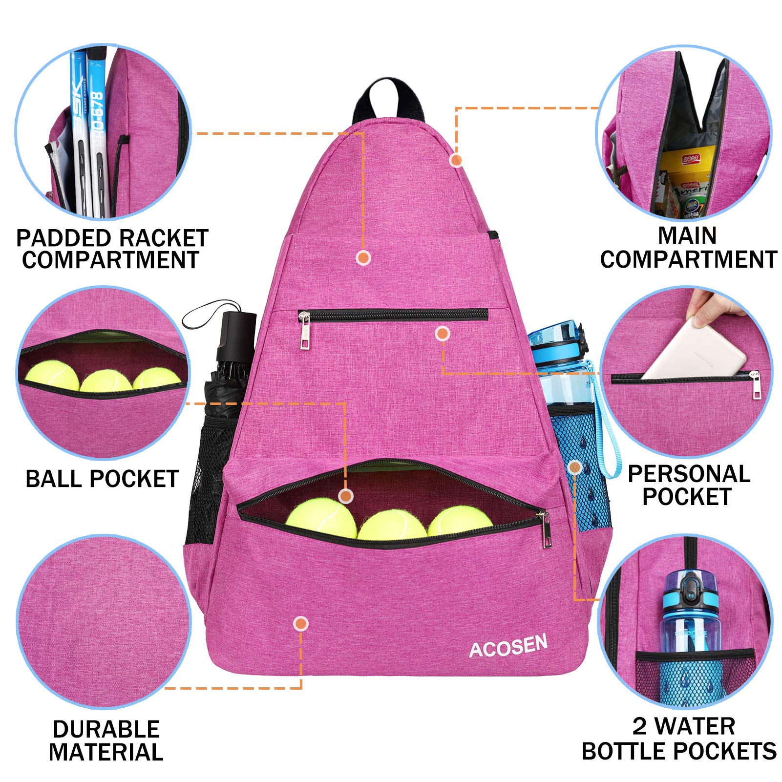 ACOSEN Tennis Bag Large Backpack for Women and Men Holds Racket Pickleball Paddles Badminton Squash Balls and Accessories Rose Red - View 4 of 6