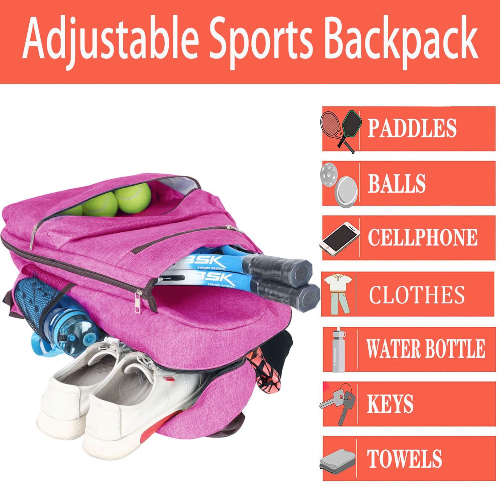 ACOSEN Tennis Bag Large Backpack for Women and Men Holds Racket Pickleball Paddles Badminton Squash Balls and Accessories Rose Red - View 5 of 6
