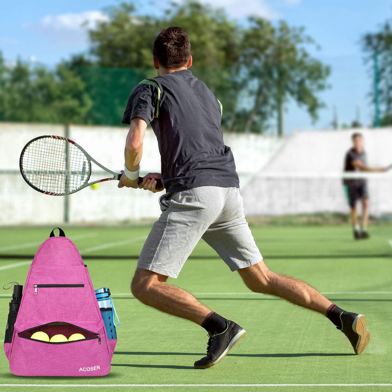 ACOSEN Tennis Bag Large Backpack for Women and Men Holds Racket Pickleball Paddles Badminton Squash Balls and Accessories Rose Red - View 6 of 6